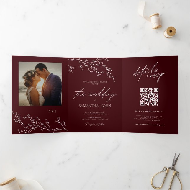 Convite Com Dobra Tripla Burgundy & Ivory Botanical Elegant Wedding (Dentro)