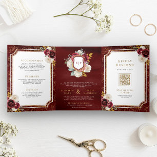 Convite Com Dobra Tripla Burgundy Vermelho Dourado Floral Tudo em Um Brasão
