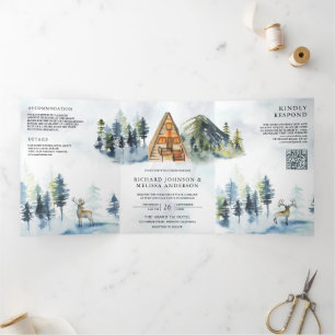 Convite Com Dobra Tripla Cabine A-Frame Montanha Floresta Código QR Casamen