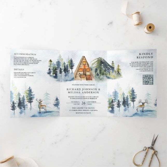 Convite Com Dobra Tripla Cabine A-Frame Montanha Floresta Código QR Casamen (Dentro)