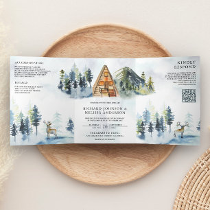 Convite Com Dobra Tripla Cabine A-Frame Montanha Floresta Código QR Casamen