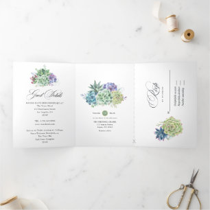 Convite Com Dobra Tripla Cacto do Deserto em Aquarela Suculentas Casamento