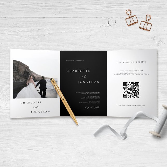 Convite Com Dobra Tripla Caligrafia fotográfica moderna em um casamento neg (Criador carregado)