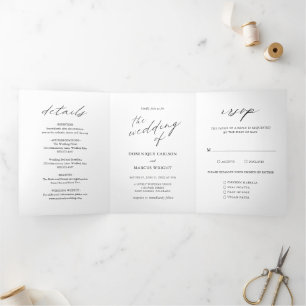 Convite Com Dobra Tripla Caligrafia Moderna Simples Casamento Elegante