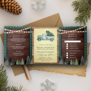 Convite Com Dobra Tripla Caminhão de Natal Verde Vintage de Madeira Rústica