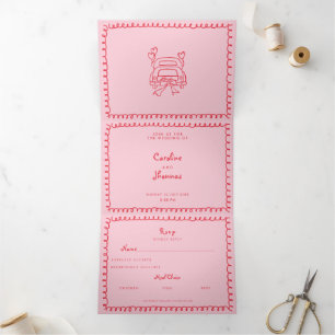Convite Com Dobra Tripla Caprichoso doodle cor-de-rosa casamento tudo em um