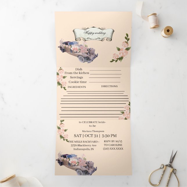 Convite Com Dobra Tripla Car wedding Navy Floral Bridal Shower &Recipe All  (Dentro)