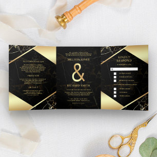 Convite Com Dobra Tripla Casamento Ampersand Mármore Preto Moderno Dourado