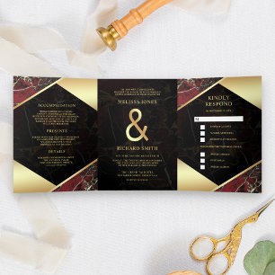 Convite Com Dobra Tripla Casamento Ampersand Moderno em Mármore Vermelho Bo