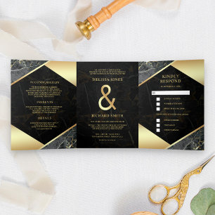 Convite Com Dobra Tripla Casamento Ampersand Moderno Mármore Dourado Cinza