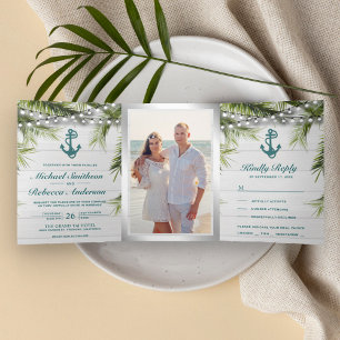 Convite Com Dobra Tripla Casamento Âncora Azul Turquesa Folhas de Palmeira 