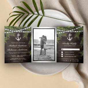 Convite Com Dobra Tripla Casamento Âncora Folhas de Palmeira Tropical Madei