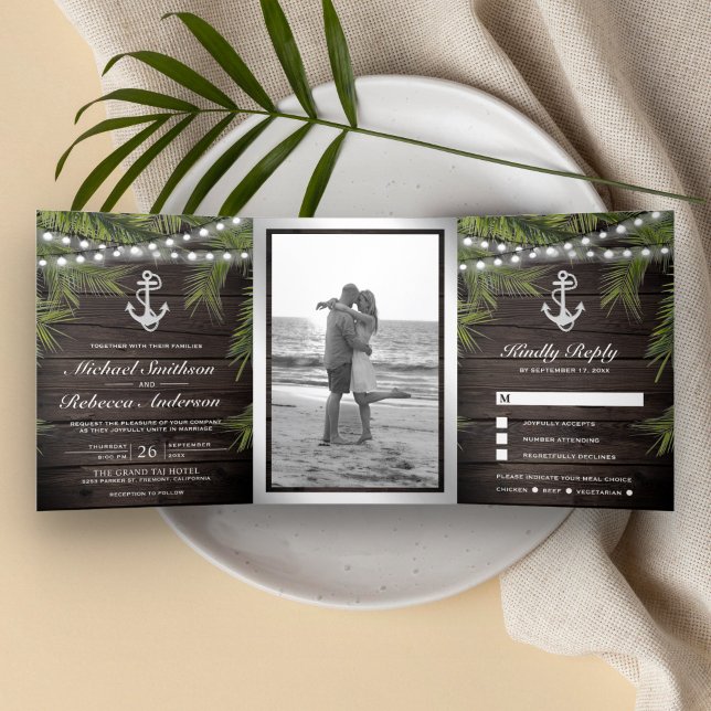Convite Com Dobra Tripla Casamento Âncora Folhas de Palmeira Tropical Madei (Criador carregado)