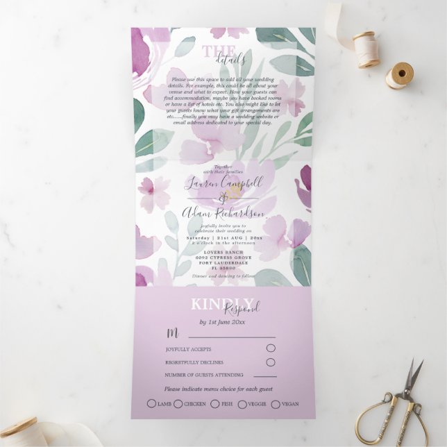 Convite Com Dobra Tripla Casamento Aquarela Floral Boho  (Dentro)
