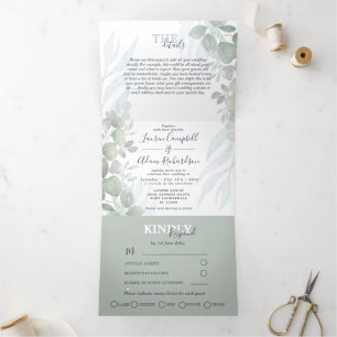 Convite Com Dobra Tripla Casamento Aquarela Verde Sálvia Eucalipto Rústico