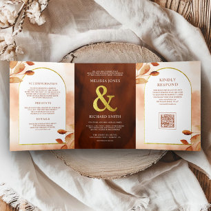 Convite Com Dobra Tripla Casamento Arco de Folhas Terracota Boho Terroso Có