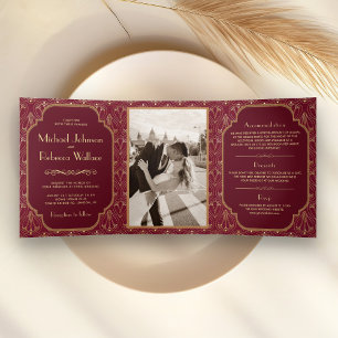 Convite Com Dobra Tripla Casamento Art Déco Burgundy Vintage Grande Gatsby