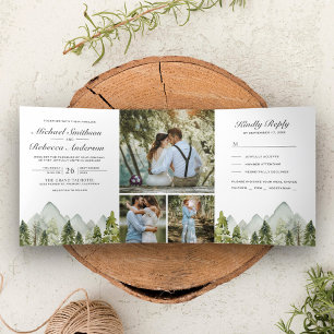 Convite Com Dobra Tripla Casamento Árvores de Pinheiro Montanhosas Aquarela