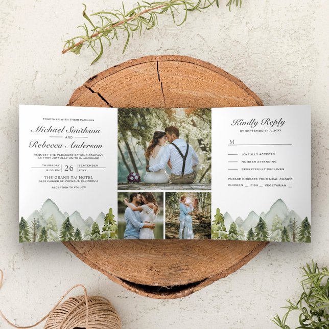 Convite Com Dobra Tripla Casamento Árvores de Pinheiro Montanhosas Aquarela (Criador carregado)