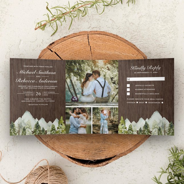 Convite Com Dobra Tripla Casamento Árvores de Pinheiro Montanhosas Aquarela (Criador carregado)