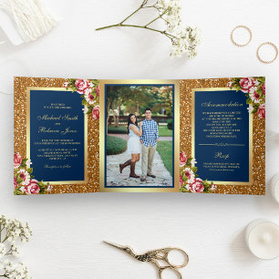Convite Com Dobra Tripla Casamento Azul com Marinho Floral Dourada Brilhant