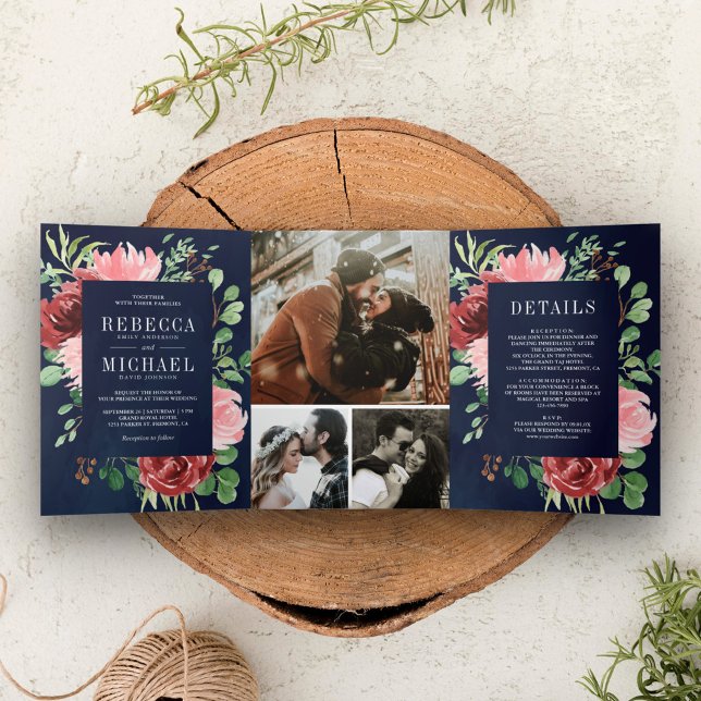 Convite Com Dobra Tripla Casamento Azul com Marinho Floral Rosa Esbranquiça (Criador carregado)