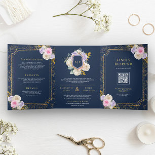 Convite Com Dobra Tripla Casamento Azul Crista Floral Rosa Roxo Tudo em Um