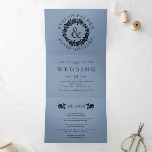 Convite Com Dobra Tripla Casamento azul de rosa preto de Vintage