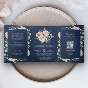 Convite Com Dobra Tripla Casamento Azul do Marinho Eucalyptus Floral Cor-de