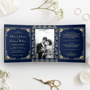 Convite Com Dobra Tripla Casamento Azul e Dourado em Estilo Art Déco Antigo