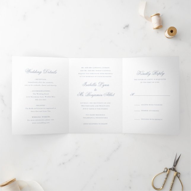 Convite Com Dobra Tripla Casamento Azul Empoeirado Tradicional Formal Elega (Dentro)