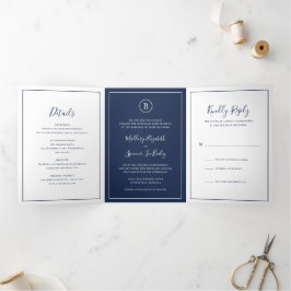 Convite Com Dobra Tripla Casamento Azul Marinho Tradicional Elegante