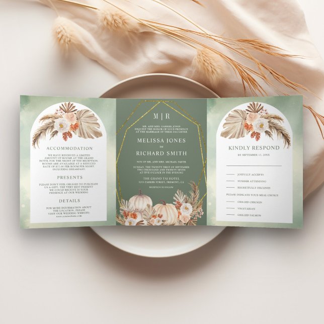 Convite Com Dobra Tripla Casamento Boho Pampas Abóbora Floral Sage Verde Ou (Criador carregado)