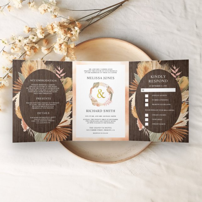 Convite Com Dobra Tripla Casamento Boho Pampas Madeira de Palma Seca Tudo e (Criador carregado)