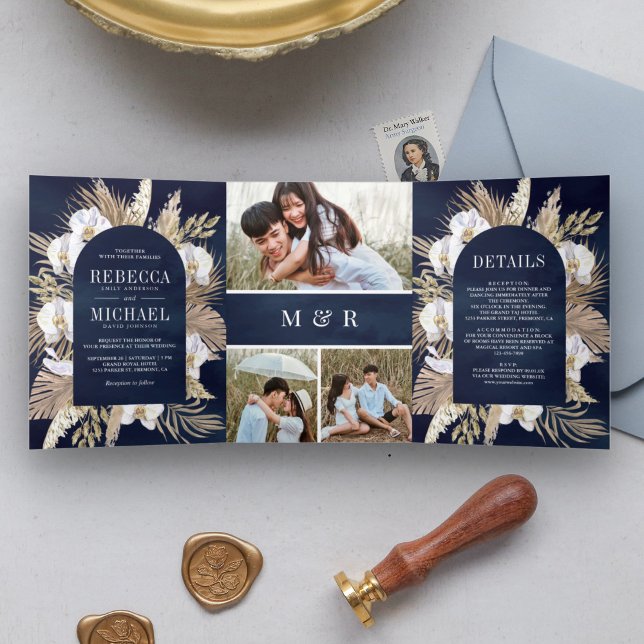 Convite Com Dobra Tripla Casamento Boho Pampas Orquídea Branca Palma Naval (Criador carregado)