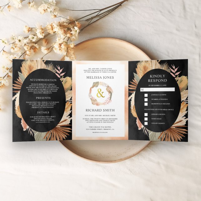 Convite Com Dobra Tripla Casamento Boho Pampas Palma Seca Preta Tudo em Um (Criador carregado)