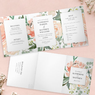 Convite Com Dobra Tripla Casamento Bonito de Floral All-In-One de Cor de Á