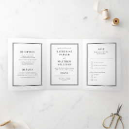 Convite Com Dobra Tripla Casamento branco e preto elegante multifuncional