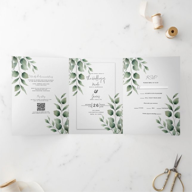 Convite Com Dobra Tripla Casamento Branco Moderno com Folhas de Vegetação M (Dentro)