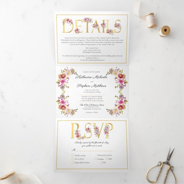 Convite Com Dobra Tripla Casamento Brilhante Blooms Watercolor (Dentro)