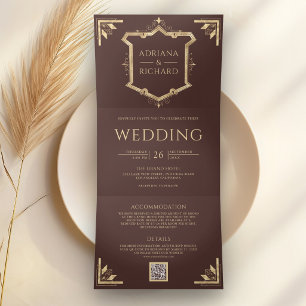 Convite Com Dobra Tripla Casamento Café Espresso Código QR Vintage Gold Cre