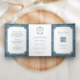 Convite Com Dobra Tripla Casamento Católico Código QR Azul Empoeirado Vitor
