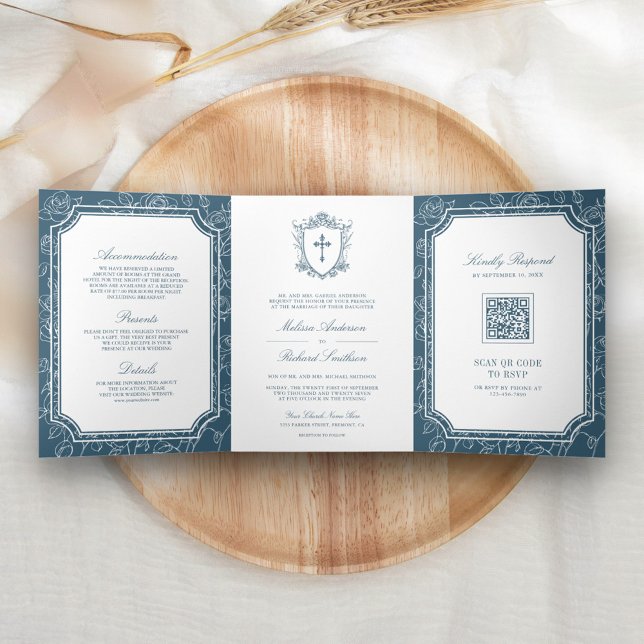 Convite Com Dobra Tripla Casamento Católico Código QR Azul Empoeirado Vitor (Criador carregado)