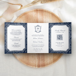 Convite Com Dobra Tripla Casamento Católico Código QR Azul Vitoriano