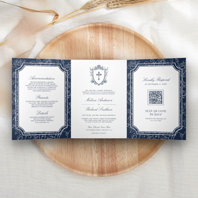 Convite Com Dobra Tripla Casamento Católico Código QR Azul Vitoriano (Criador carregado)