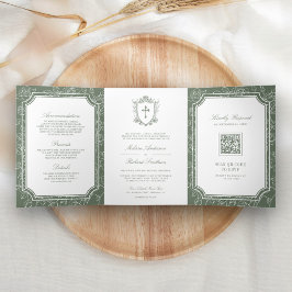 Convite Com Dobra Tripla Casamento Católico Código QR Verde Sage Vitoriano