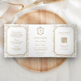 Convite Com Dobra Tripla Casamento Católico com Código QR Branco e Dourado 