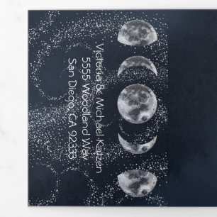 Convite Com Dobra Tripla Casamento Celestial de Lua Cheia e Estrelas