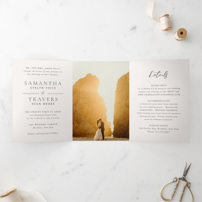 Convite Com Dobra Tripla Casamento Cinza Tradicional Elegante (Dentro)