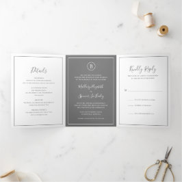 Convite Com Dobra Tripla Casamento Cinza Tradicional Elegante